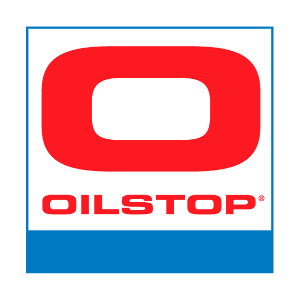 A red and white logo for oil stop.